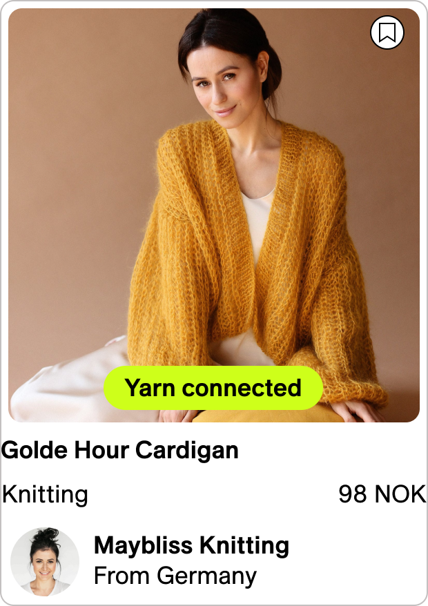 A mustard cardigan displayed as a yarn-connected Krafthub pattern